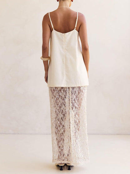 Elegante Off-Shoulder Spaghetti Strap A-Lijn Top & Transparante Pailletten Kant Hoge Taille Maxi Rok Set
