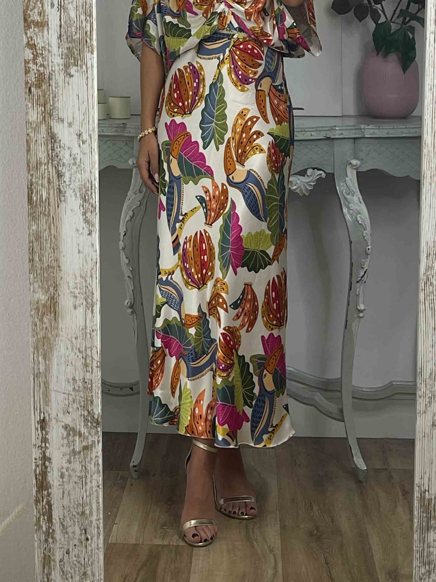 Retro Jungle Palm Leaf Satijnen Print Rok