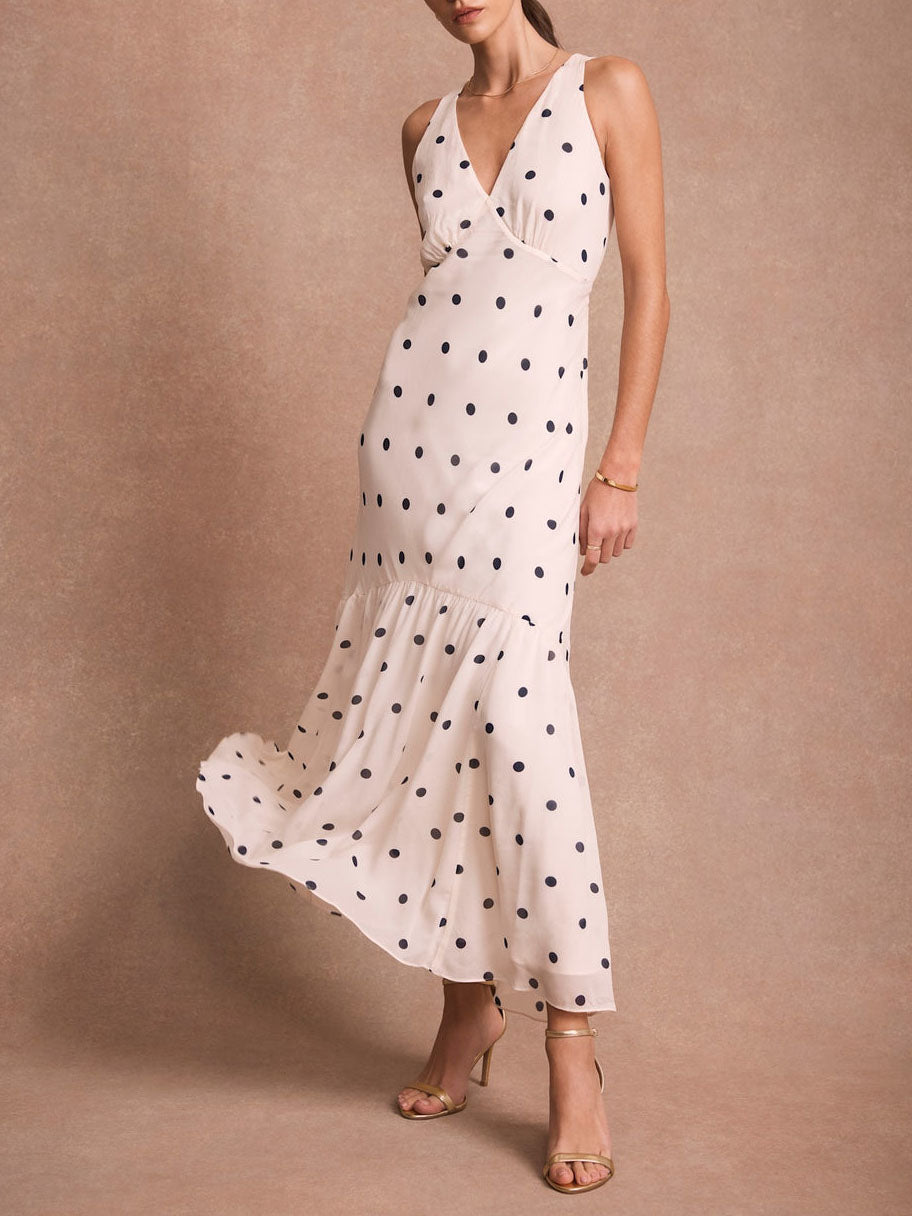 Elegante Polka Dot Ruffle Gelaagde Chiffon Cape Maxi Jurk