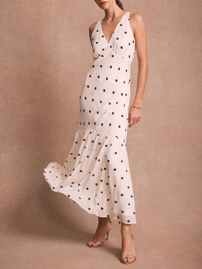 Elegante Polka Dot Ruffle Gelaagde Chiffon Cape Maxi Jurk