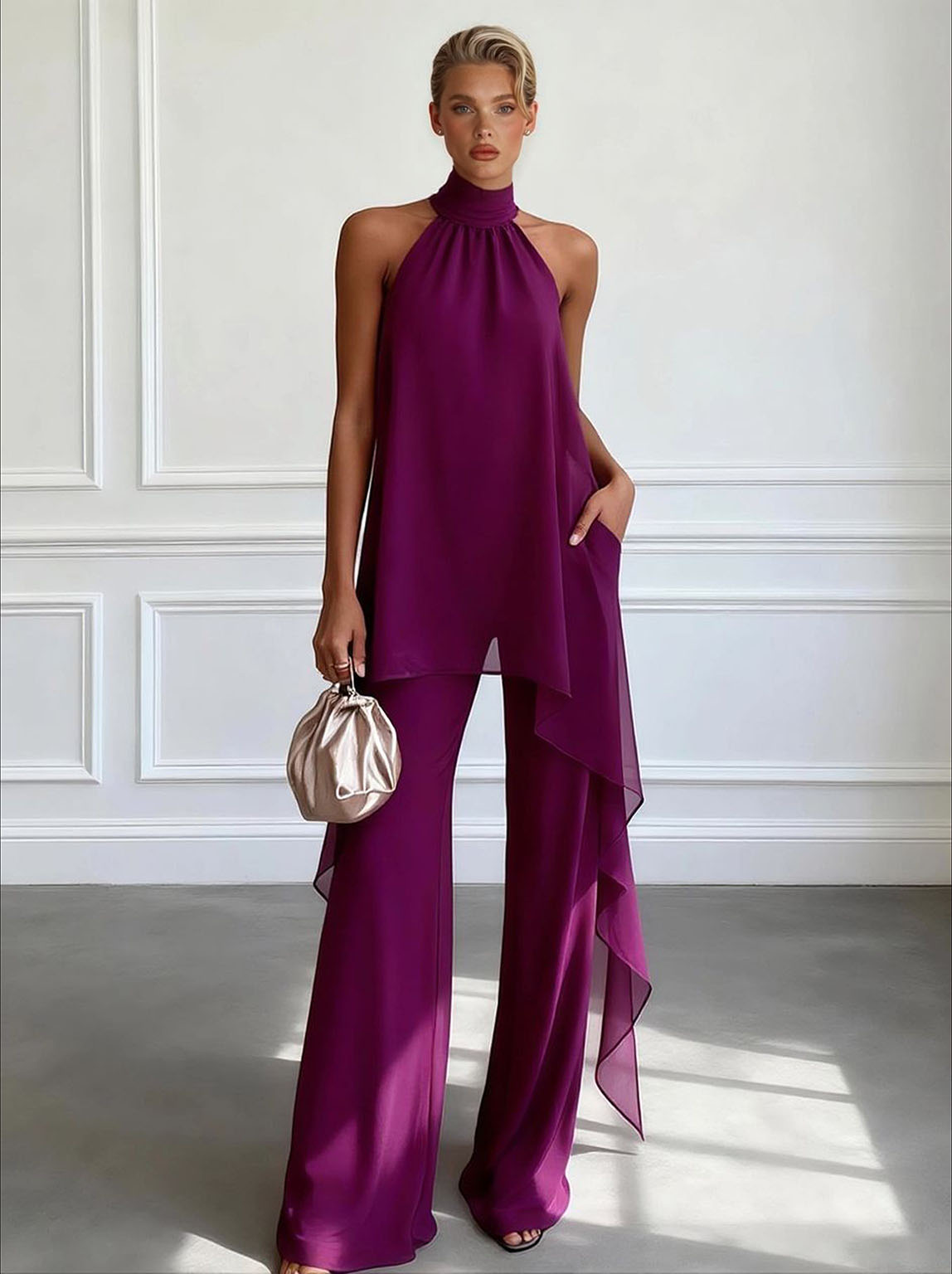Elegante Halternek Asymmetrische Chiffon Top & Wijde Pantalon Set