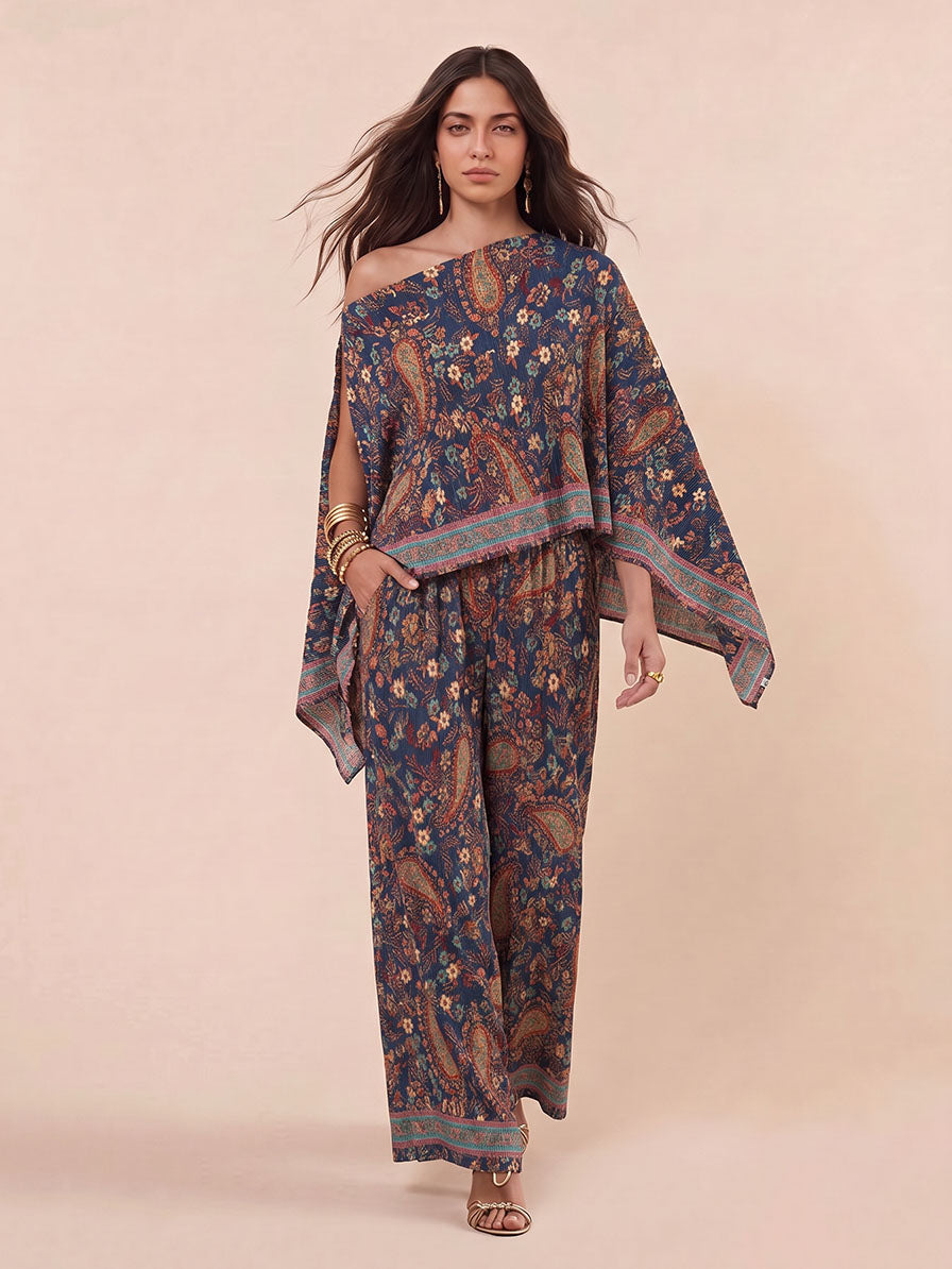 Bohemian Paisley Off-Shoulder Top & Wijde Broek Twee-Stuk Set