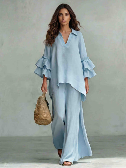 Casual Ruffle Mouw V-Hals Top & Hoge Taille Wijde Broek Set