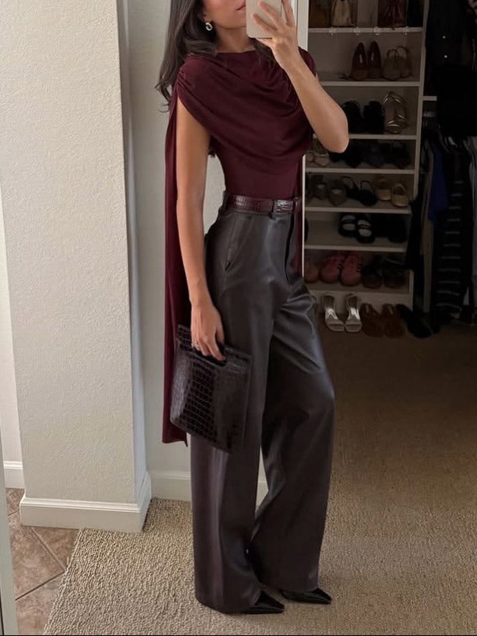 Elegante Drapé Top En Wijde Nep Leer Broek Twee-delige Set