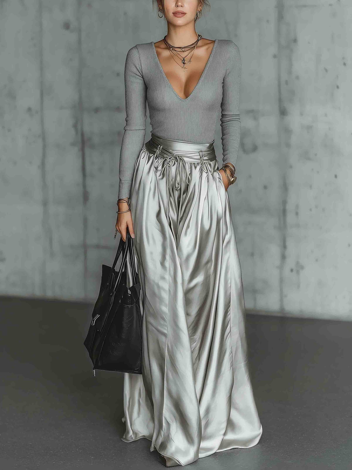 Moderne Geribbelde Top & Metallic Maxi Rok Set