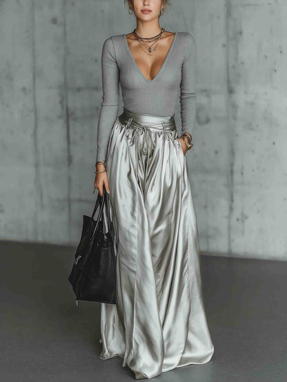 Moderne Geribbelde Top & Metallic Maxi Rok Set