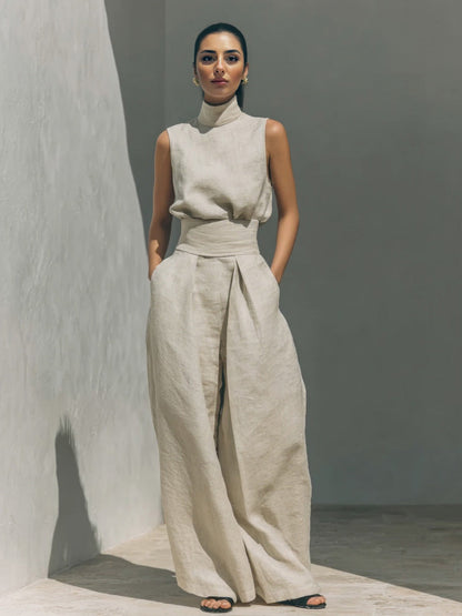 Elegante Linnen Top met Hoge Hals & Brede Pijpen Twee-Piece Set