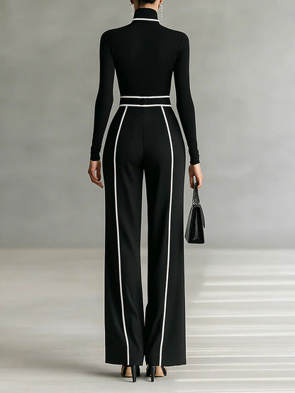 Elegante Hoge Taille Wijde Pantalon met Contrasterende Bies