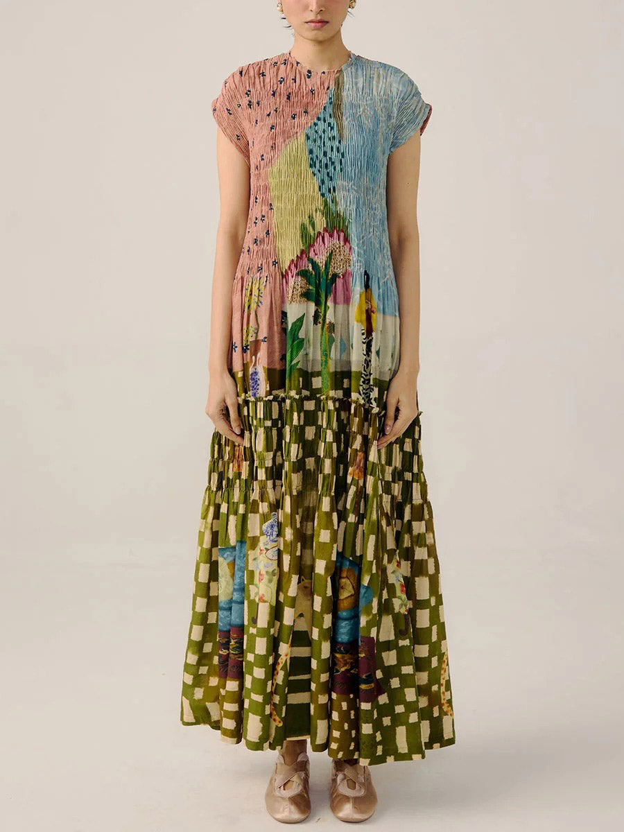 Retro Geplooide Print Maxi Jurk