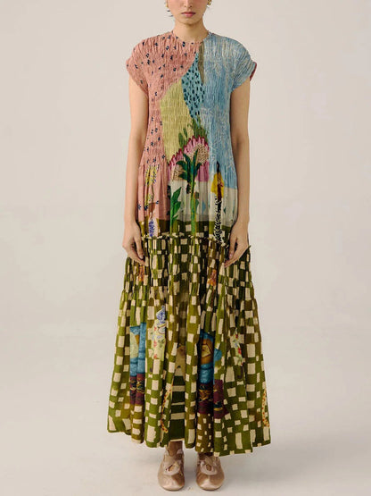 Retro Geplooide Print Maxi Jurk