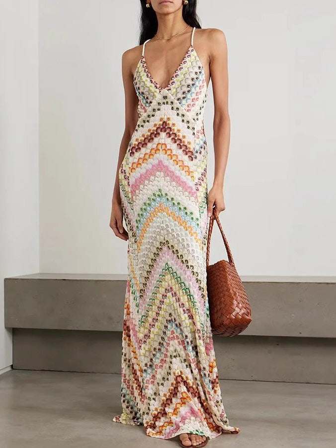Unieke Gebreide Kleurrijke Herringbone Open Rug Maxi Jurk