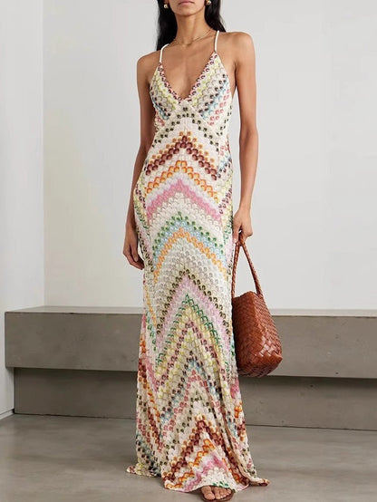 Unieke Gebreide Kleurrijke Herringbone Open Rug Maxi Jurk