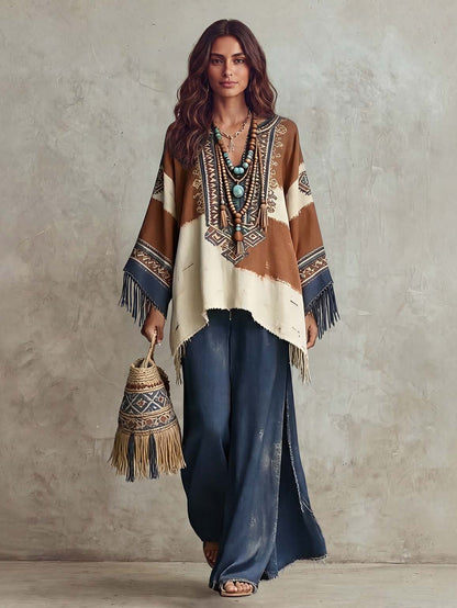 Retro Bohemian Etnische Print Tassel Sjaal Top Twee-Piece Set