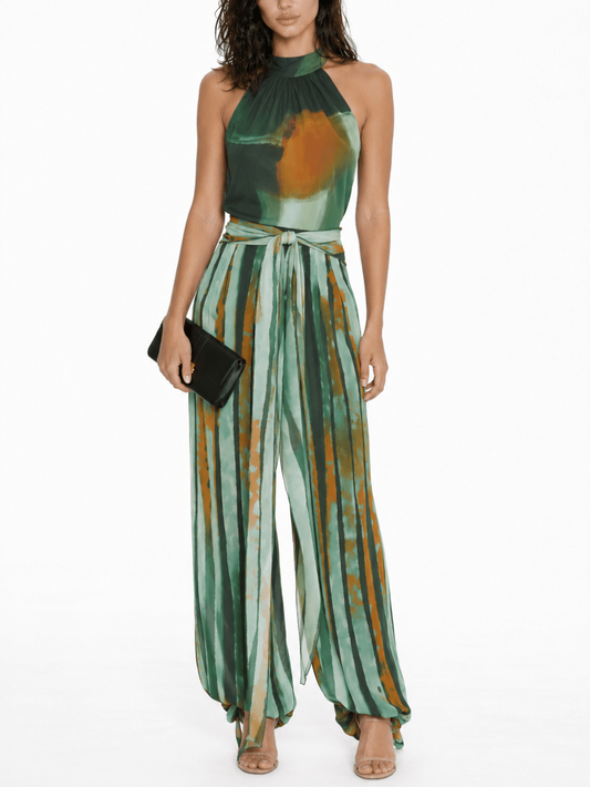 Abstracte Waterverfprint Halter & Broeken Twee-Piece Set