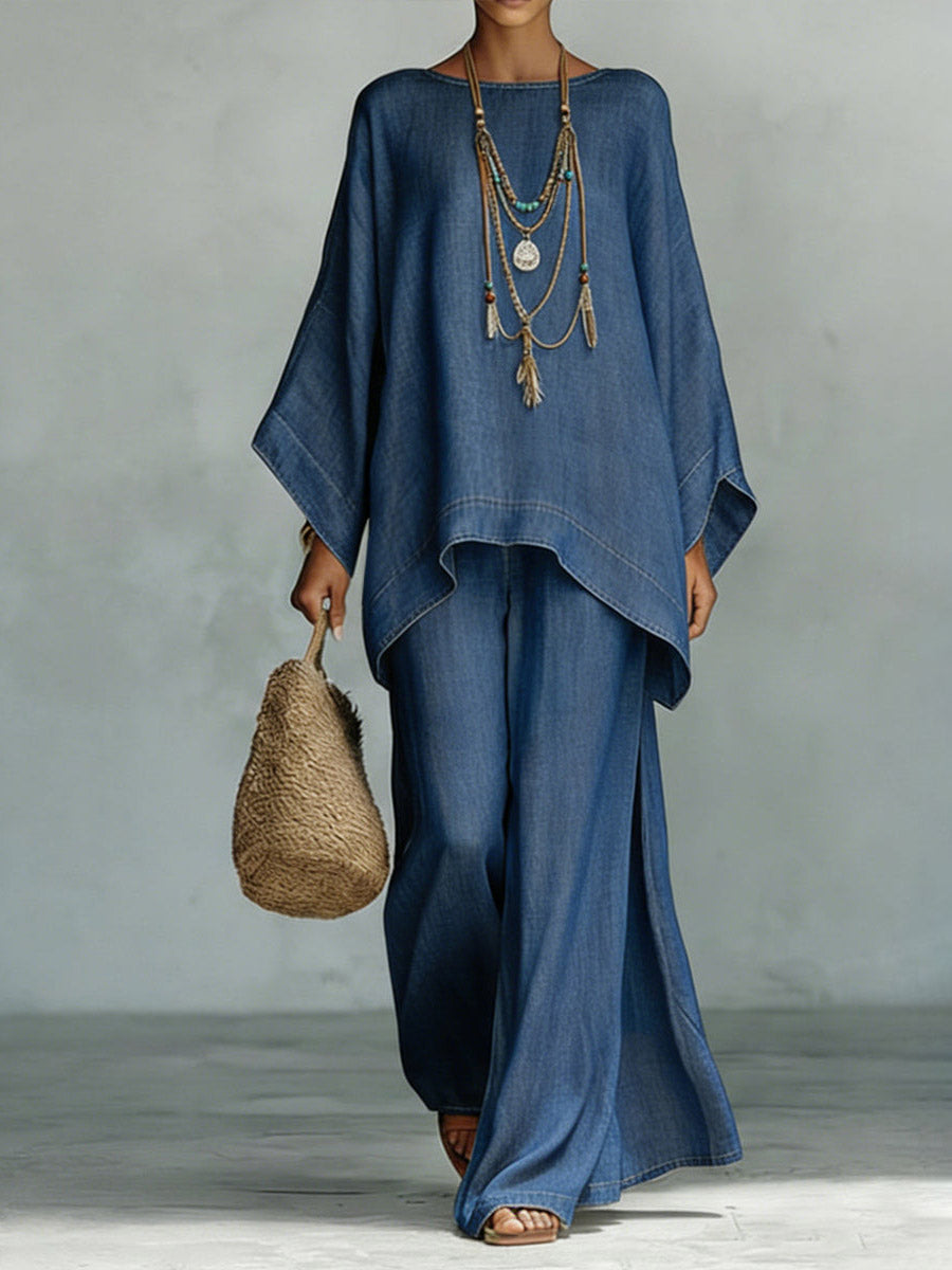 Casual Denim Batwing Asymmetrische Top & Brede Pantalon Set