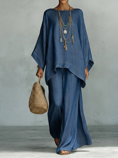 Casual Denim Batwing Asymmetrische Top & Brede Pantalon Set