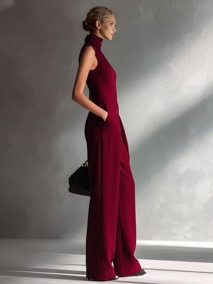 Casual Mouwloze Hoge Hals Wijde Pijp Jumpsuit