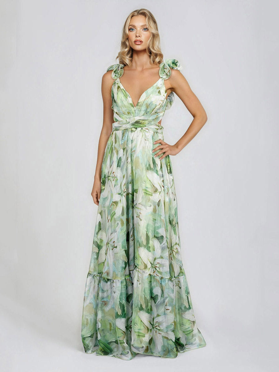 Elegante Lelieprint Tiered Ruffle Schouder Maxi Jurk