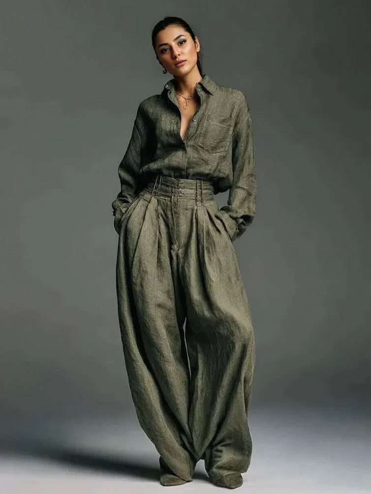 Casual Lange Mouwen Shirt & Wijde Pantalon Twee-delige Set