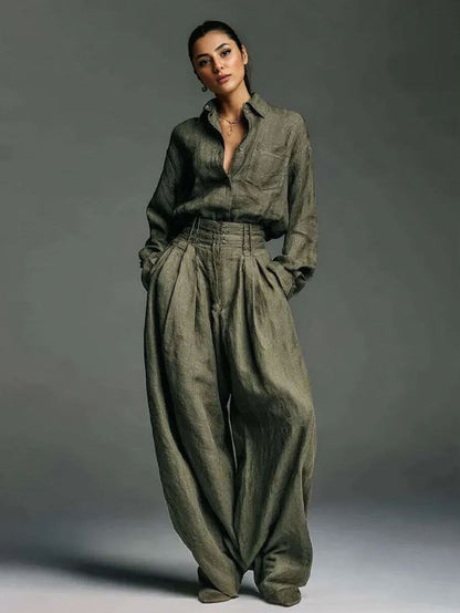 Casual Lange Mouwen Shirt & Wijde Pantalon Twee-delige Set
