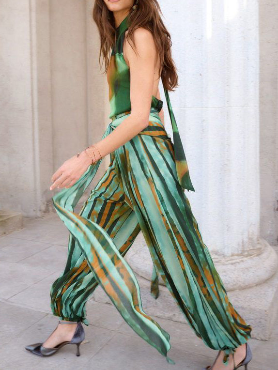 Abstracte Waterverfprint Halter & Broeken Twee-Piece Set