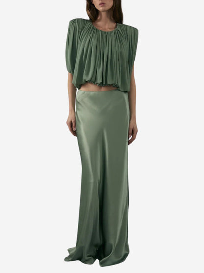 Elegante Gerimpelde Crop Top & Satijnen Midi Rok Set