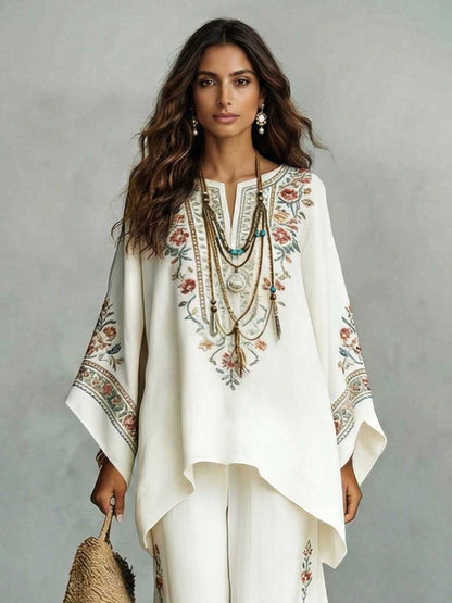 Elegante Satin Bloemenprint Kaftan Top & Broek Twee-Delige Set