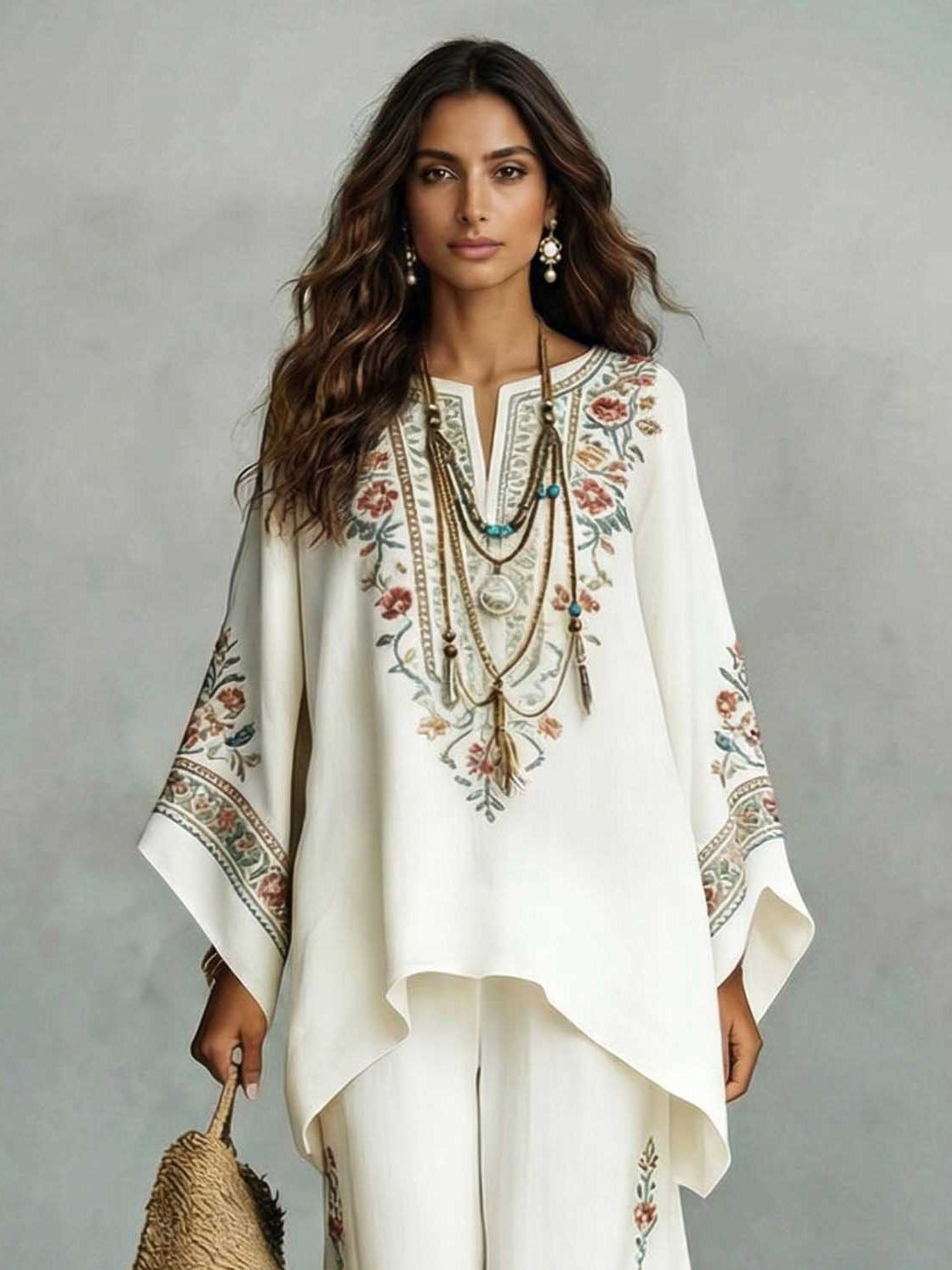 Elegante Satijnen Bloemenprint Kaftan Top & Broek Twee-Delige Set