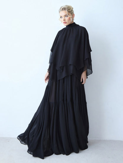 Elegante Chiffon Cape Top En Gelaagde Maxi Rok Twee-delige Set