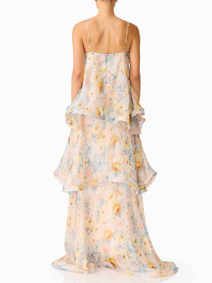 Elegante Bloemenprint Gelaagde Chiffon Vloeiende Maxi Jurk