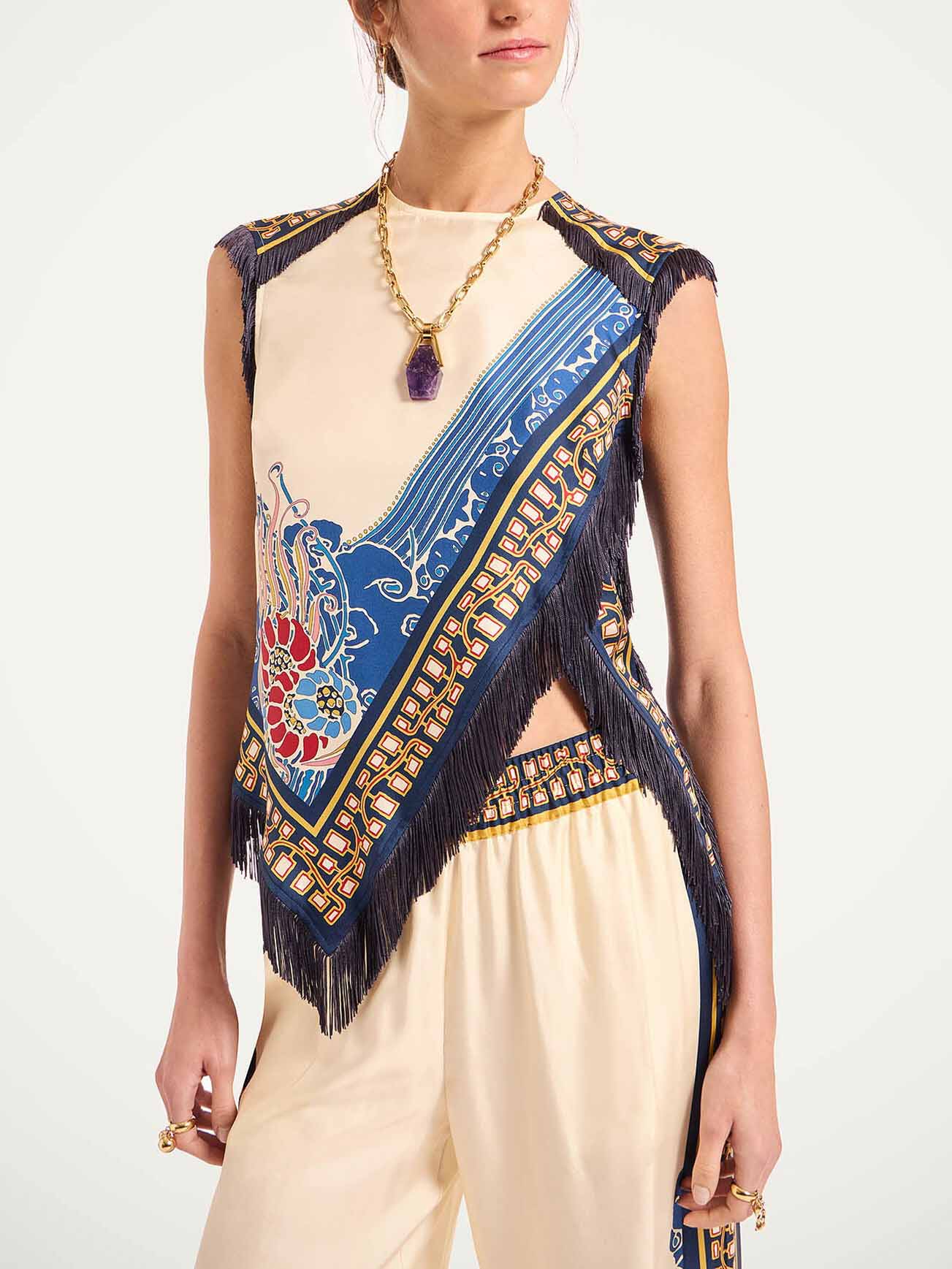 Elegante Boheemse Print Vest Met Franje Twee-Stuks Set