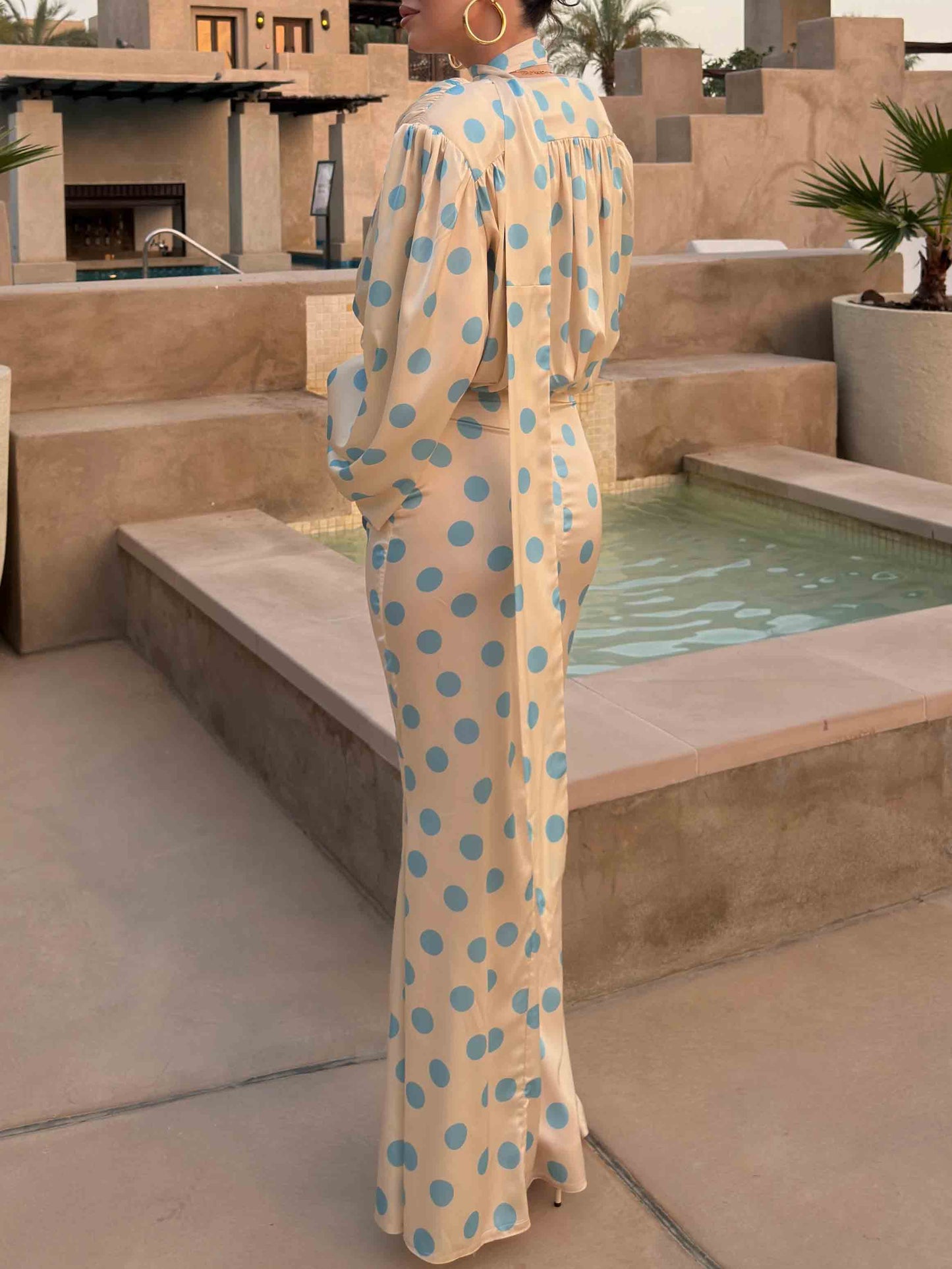 Elegante Polka Dot Blouse & Maxi Rok Twee-Stuk Set