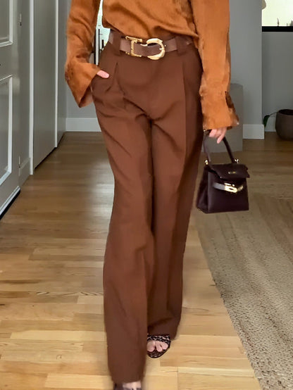 Elegante Satijnen Blouse met Hoge Hals & Broek Tweedelige Set