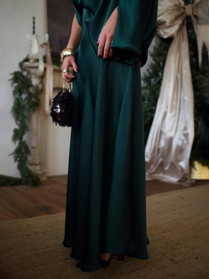 Exquise Satijnen Plissé Shirt en Hoge Taille Maxi Rok Set