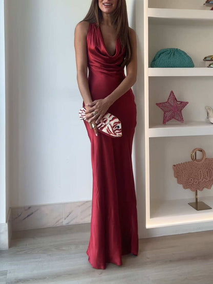 Elegante Geplooide Gestapelde V-Hals Rugloze Feest Maxi Jurk