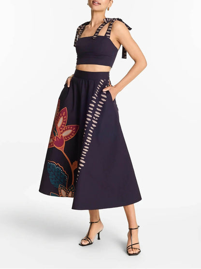 Exquise vierkante hals strik tanktop en bedrukte A-lijn hoge taille midi rok set