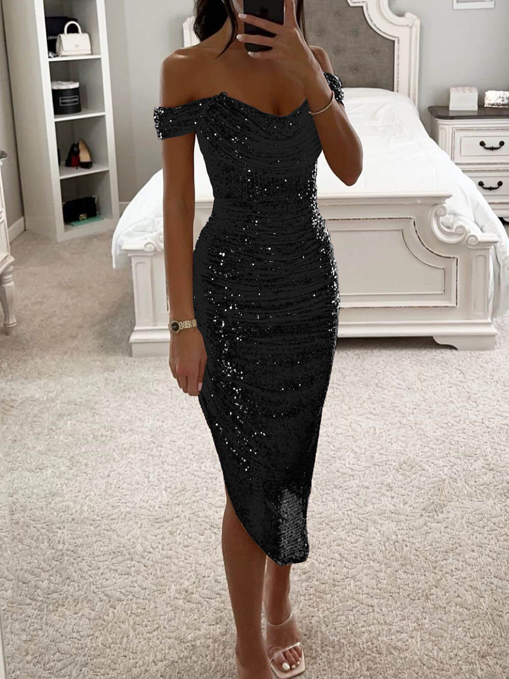 Elegante Pailletten Off-Shoulder Asymmetrische Feest Midi Jurk