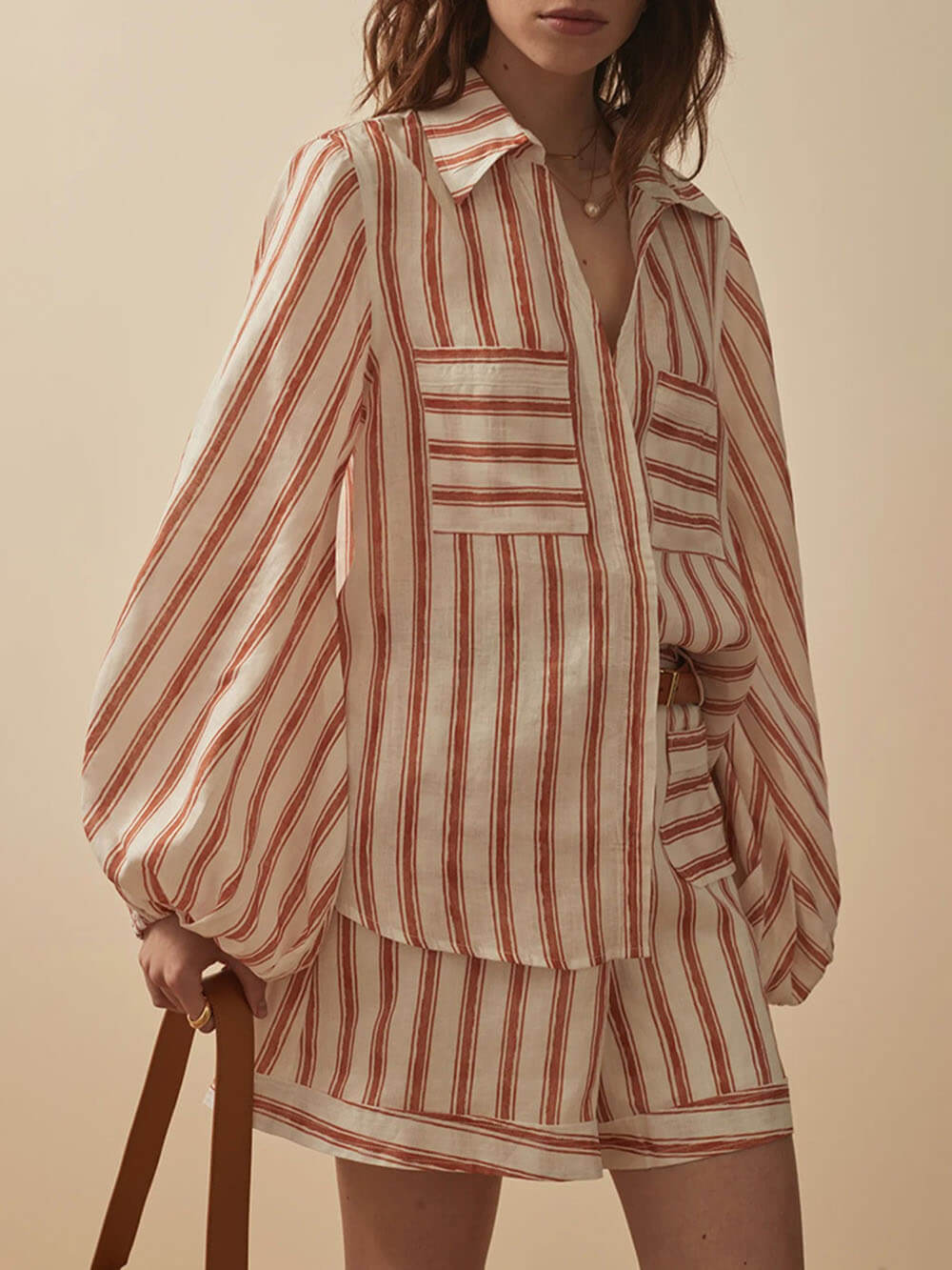 Klassieke Casual Gestreepte Print Losse Shirt En Shorts Set
