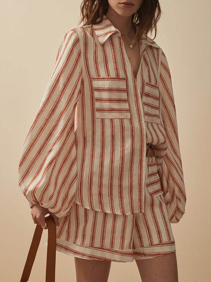 Klassieke Casual Gestreepte Print Losse Shirt En Shorts Set