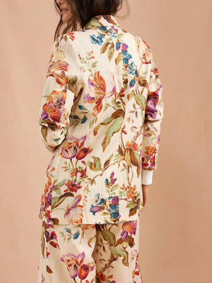 Exquise Retro Bloemenprint Lape Blazer Losse Zak Brede Pantalon Set