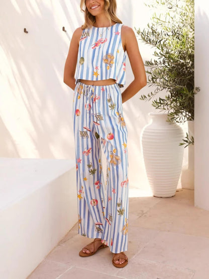 Casual Fruit Print Linnen Mouwloos Gestreept Set