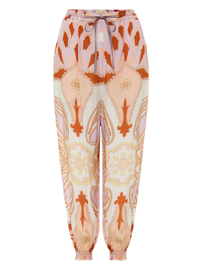Unieke Paisley Print Strik-Voorkant Losse Top En Elastische Taille Tapered Broek Set