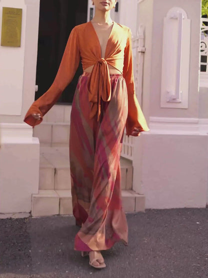 Casual Bell-Sleeve Tie-Up Top met Kleurrijke Print Hoge Taille Wijde Broek Set