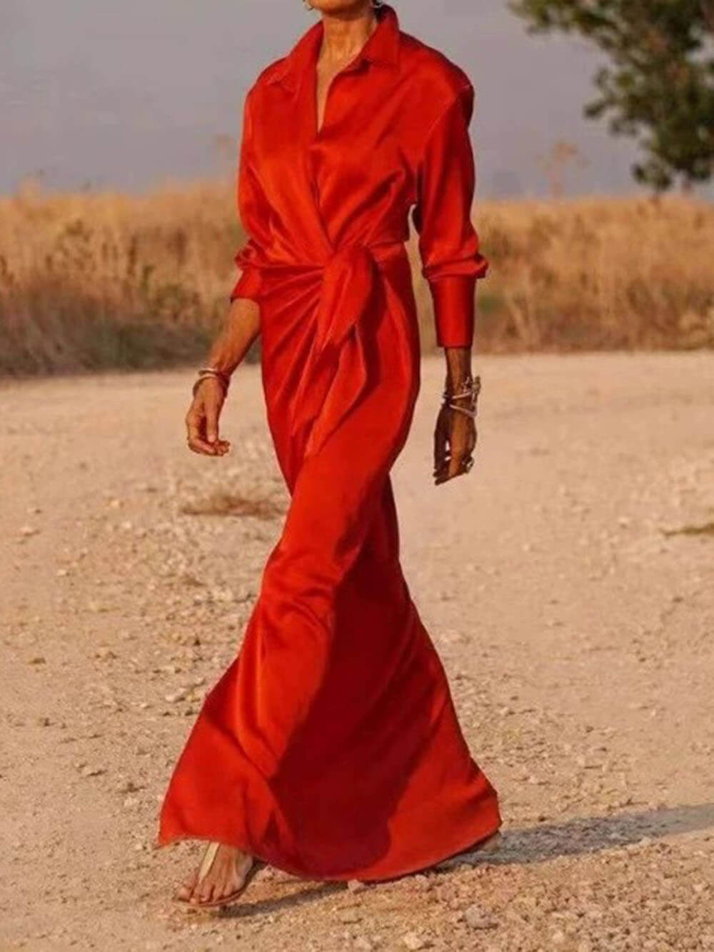 Moderne Satijnen Wikkel Shirt-Stijl Strik-Split Maxi Jurk