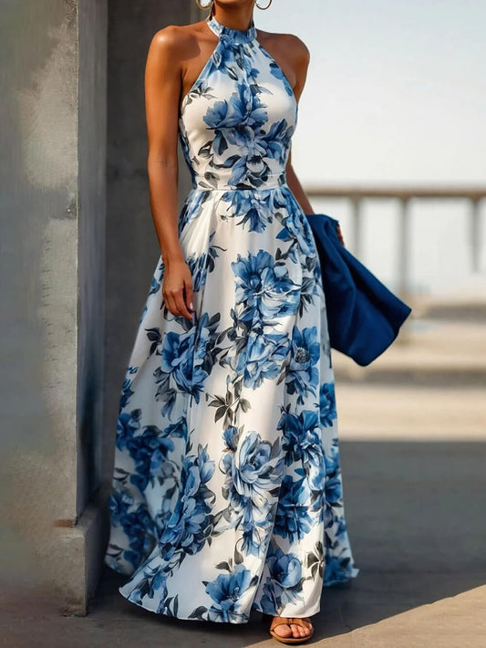 Elegante Bloemenprint Halter Nek Vakantie Stijl Slanke Maxi Jurk