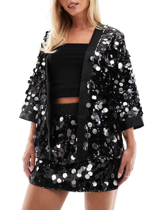 Glinsterende Zwarte Disco Kimono Jas en Mini Rok Set