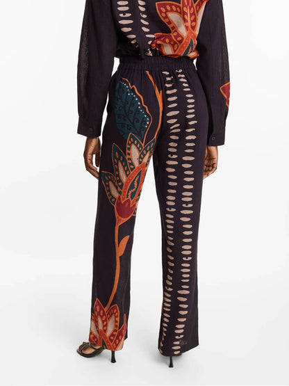 Exquise Bloemenprint Linnen Knop-Up Top En Losse Broek Set