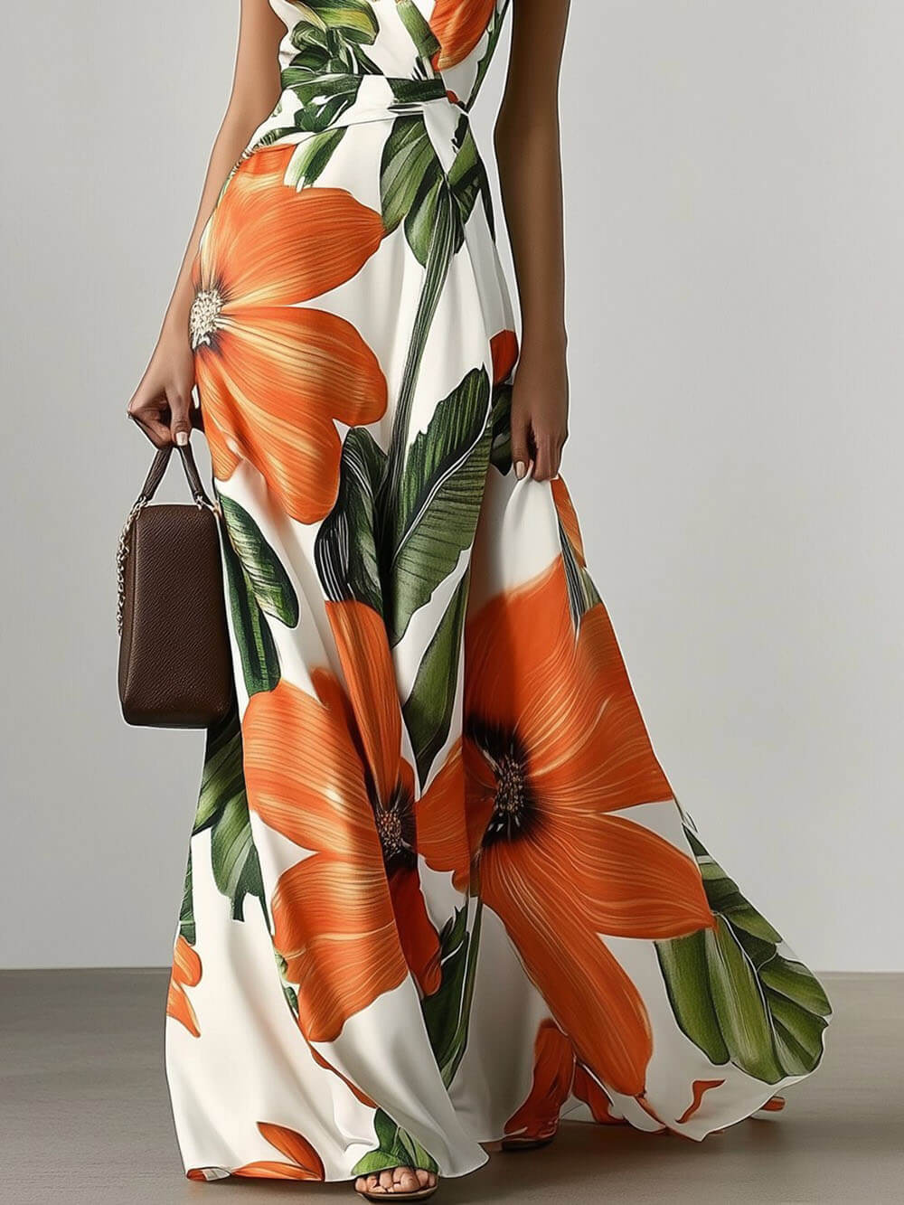 Elegante Bloemenprint Klassieke V-Hals Mouwloze A-Lijn Maxi Jurk