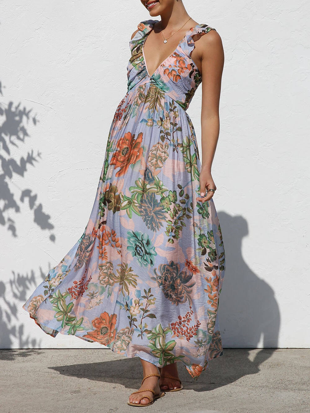 Prachtig Geplooid Uniek Bloemenprint Ruffle Mouw Maxi Jurk