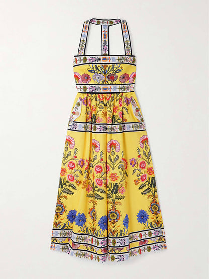 Unieke Satijnen Bloemenprint Racerback Midi Jurk Met Zakken